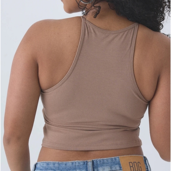 Klassy Network Solid High Neck Crop Built-In Bra Dark Taupe - Picture 4 of 8